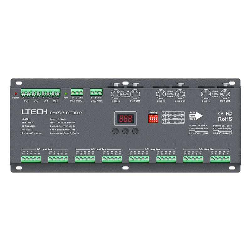 Imagem -04 - Ltech-dmx Decodificador Pwm Controlador de Tira Led Dc1224v Entrada 3a 24ch 32 Canais 72a 96a Saída Dmx512 Escravo Oled Xlr3 Xlr5 Rj45