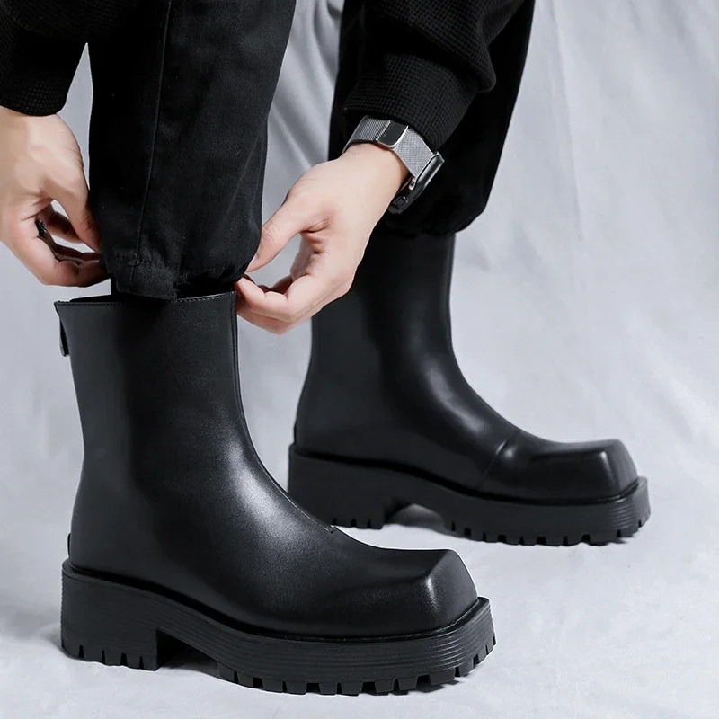 Bottes de Luxe en Cuir Souple à Semelles Compensées pour Homme, Chaussures de Styliste à Tête Carrée, Tendances de la Mode