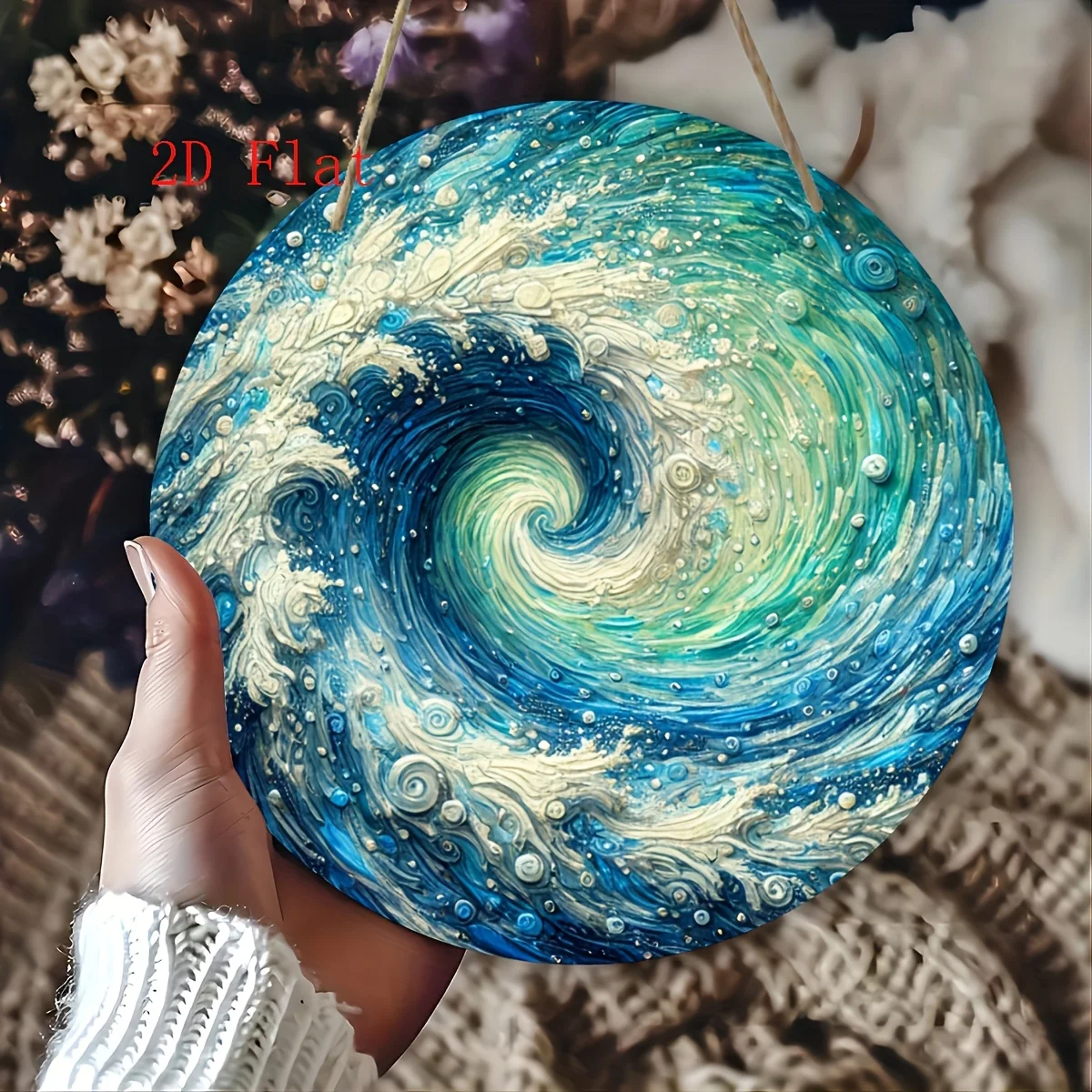 Classic Round Wooden Wall Hanging Plaque, 2D Printing Blue Ocean Wave Art, Beach Theme Decoration, Made of Manufactured Wood, wi