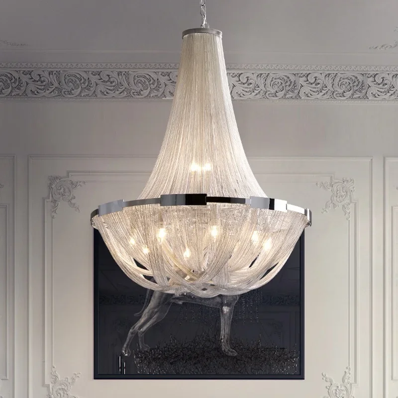 Duplex Building Hollow Main Living Room Large Chandelier for Hotel Villa Stairs Modern Italian Light Luxury Aluminum Tassel Lamp