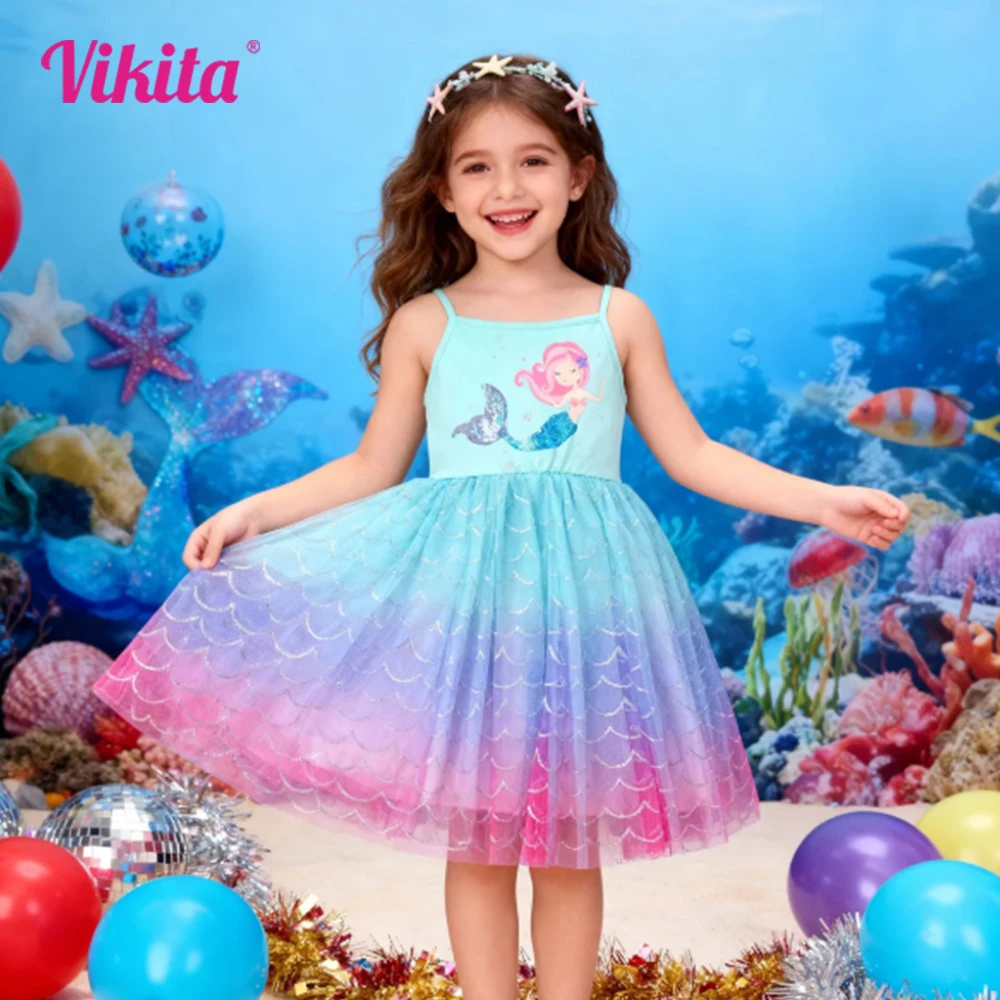 

VIKITA Girls Mermaid Print Dress Kids Spaghetti Strap Gradient Glitter Shiny Summer Dresses Girls Beach Vacation Party Costumes