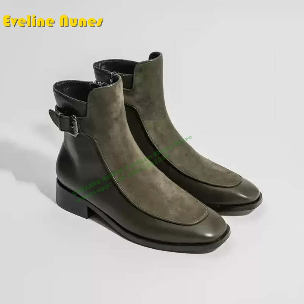 

Blackish Green Buckle Strap Ankle Boots Casual Autumn Street Style Shoes Trend Square Toe Chunky Heels Side Zipper Chelsea Boots