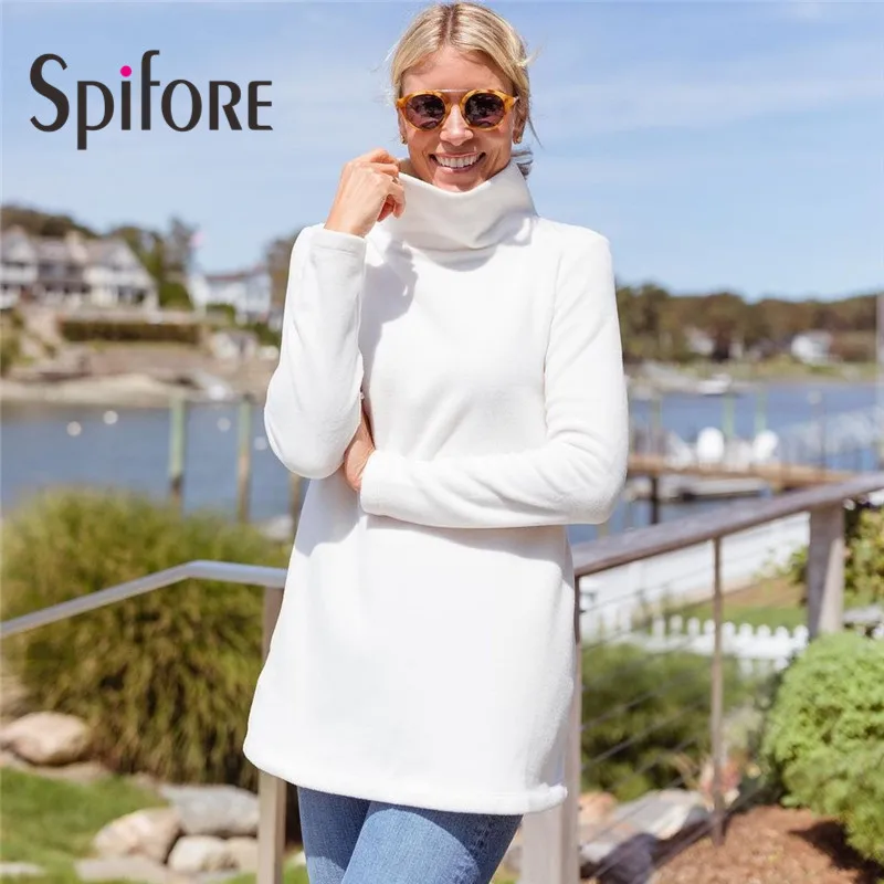 

Spifore Casual Women Fleece Hoodie Clothes New Fashion Turtleneck Full Sleeve Long Sweatshirt Solid Pockets Winter Pullovers Top