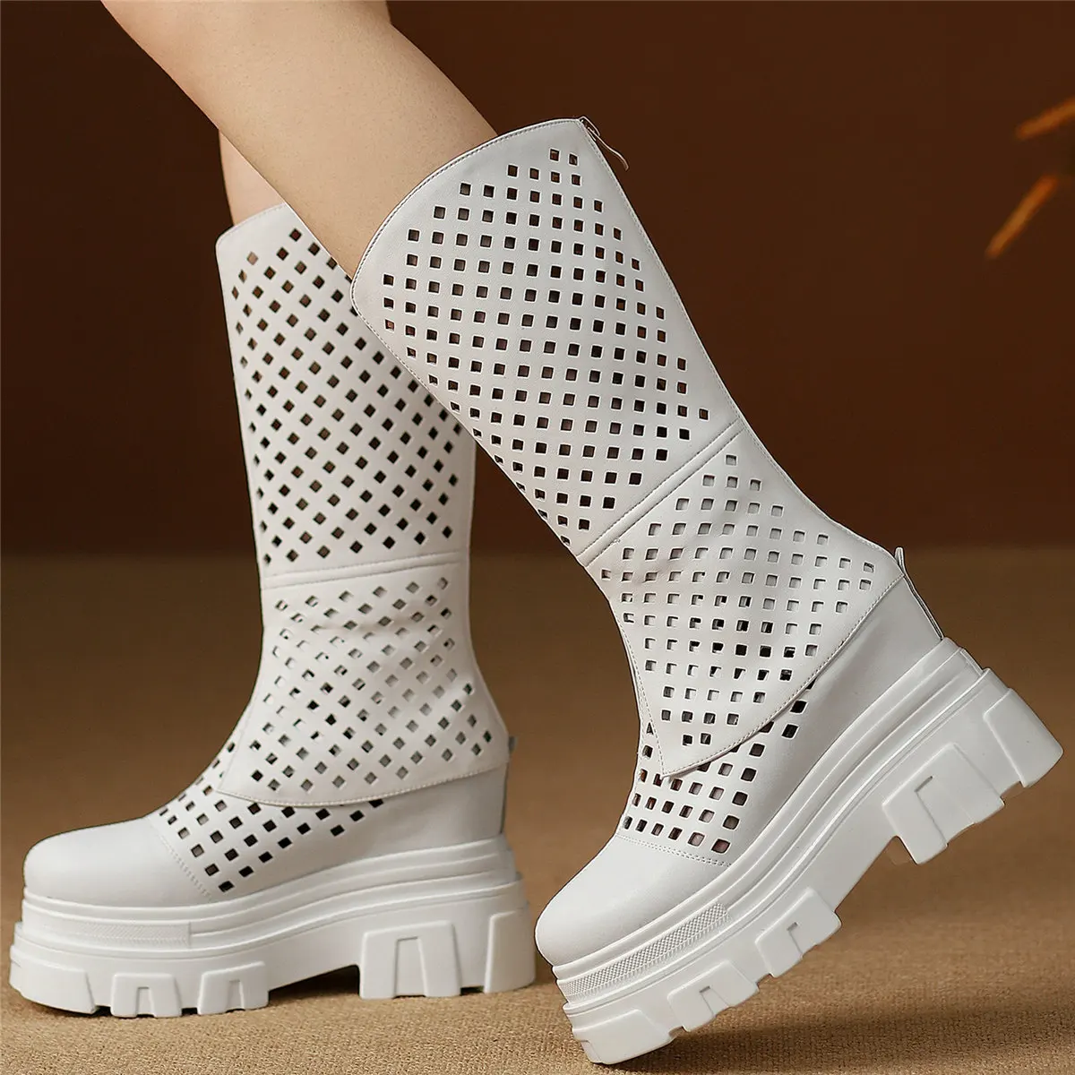 

2023 Summer Pumps Shoes Women Hollow Cow Leather Super High Heels Mid Calf Boots Female Round Toe Fashion Sneakers Casual Shoes