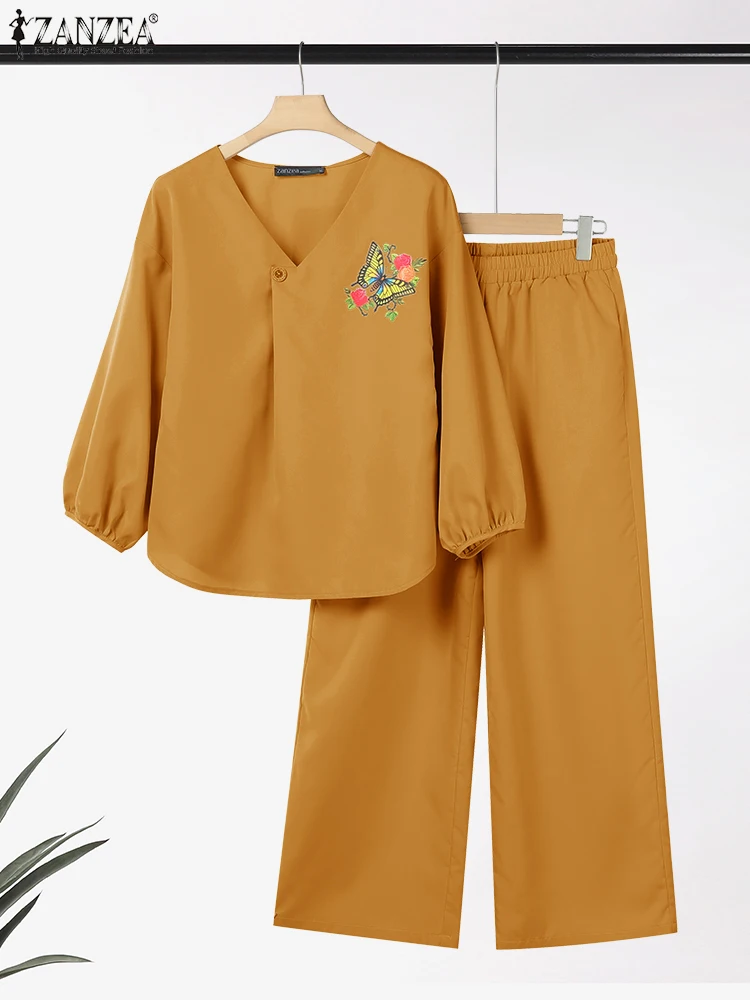 ZANZEA المرأة التنقل 2 قطعة مجموعات الطباعة 3/4 كم البلوزات 2025 موضة عادية بنطال ذو قصة أرجل واسعة 2 قطعة وتتسابق بانت مجموعات #1