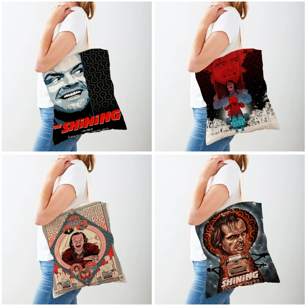 Canvas Women Shopper Bag Horror Film The Shining Lady Shopping Bags Classic Movies Double Print Foldable Cartoon Travel Handbag