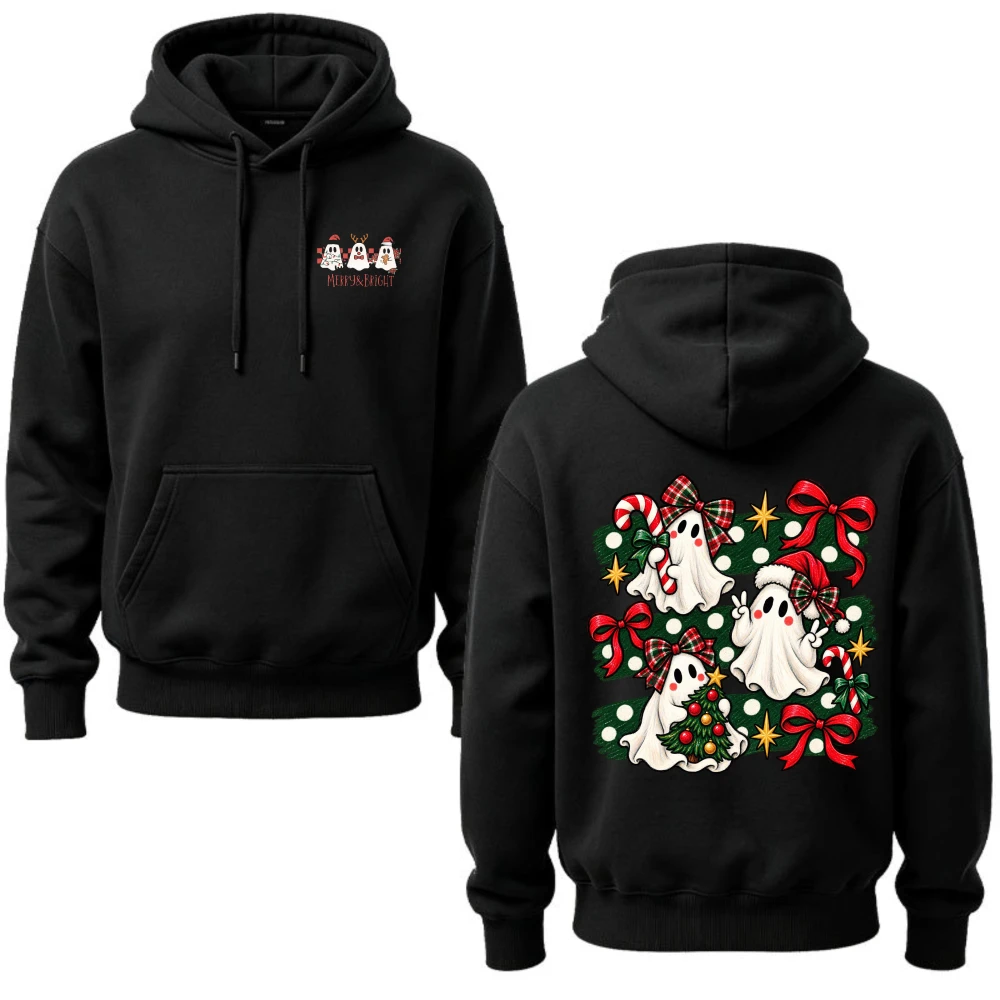 Christmas Ghost Hoodie Santa Hat Graphic Sweatshirt Plaid Bow Tree Gift Pullover Cute Spooky Season Women Winter Streetwear Tops