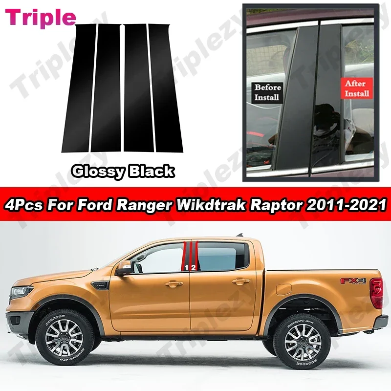 4Pcs Glossy Piano Black Car Window Trim Cover Carbon Fiber BC Pillar Posts Sticker For Ford Ranger Wildtrak Raptor XLT 2011-2021