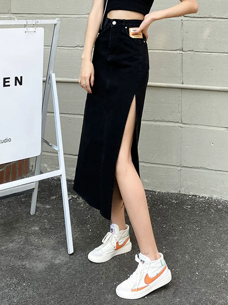 Coréen côté fendu conception Denim jupes femmes décontracté taille haute Vintage maigre Jean Faldas Streetwear mi longueur Jupe mode Saia