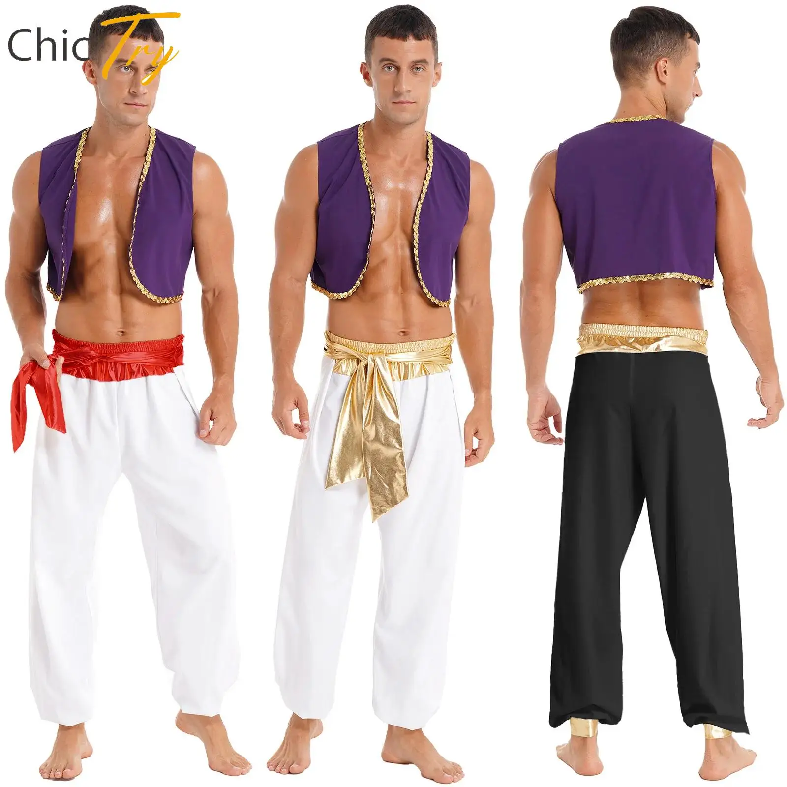 Aladin Costume Men Arabian Prince Cosplay Dress Up Waistcoat Top Harem Pants Suit for Halloween Theme Party Carnival Performance