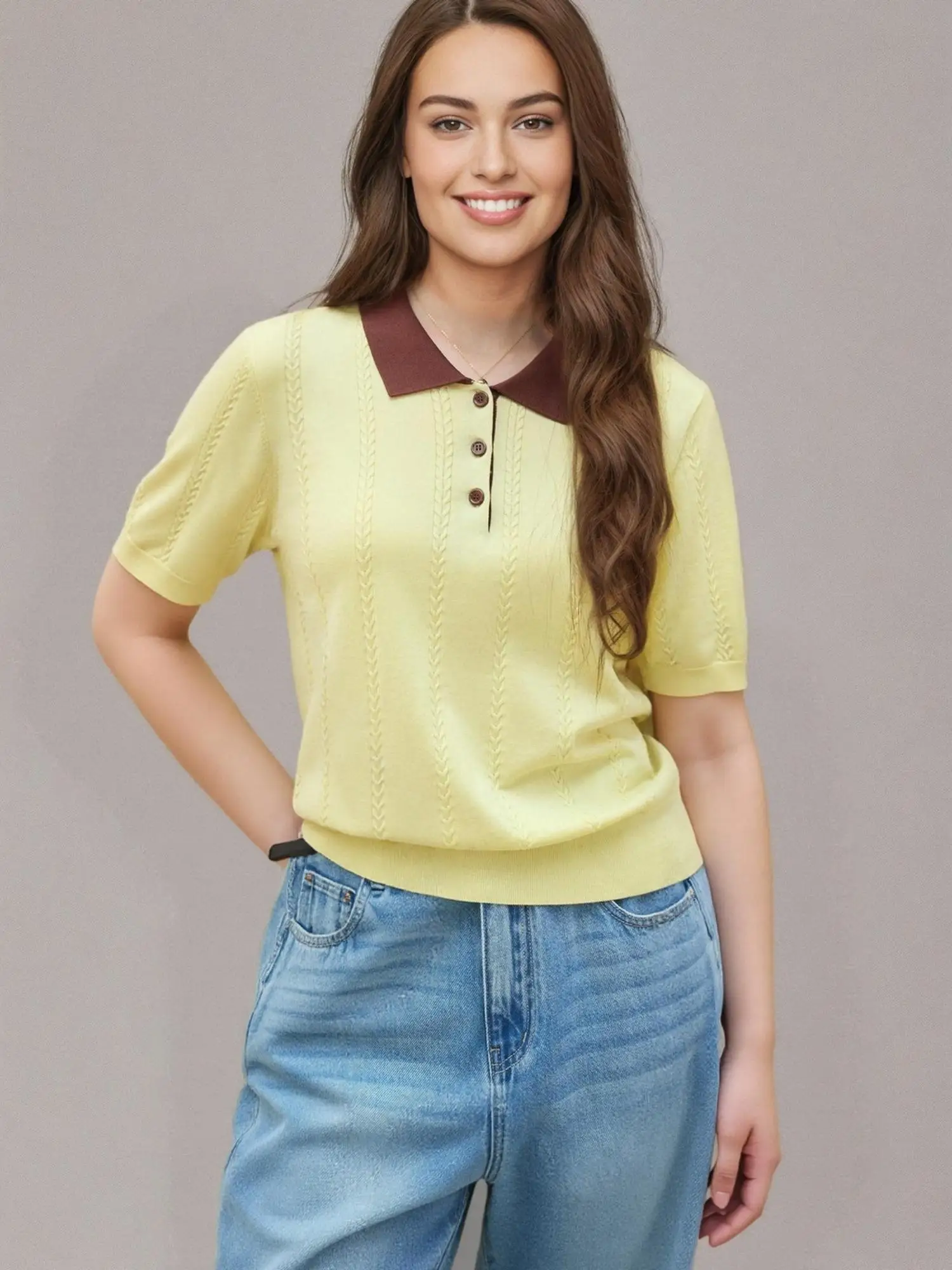 DUSHU-Top de punto de Lyocell con cuello tipo Polo de talla grande, ropa de trabajo ecológica juvenil fresca y adelgazante para verano