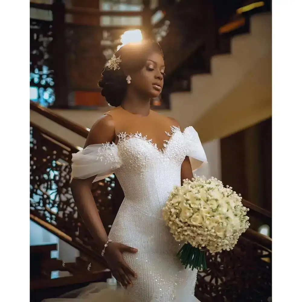 Vestido De novia personalizado con cuentas y hombros descubiertos, batas De novia con espalda De corsé, vestido De novia De sirena De talla grande