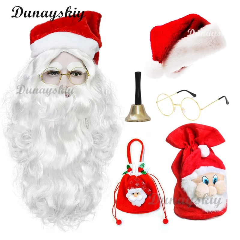 Cosplay di Natale Parrucca di Babbo Natale Barba Cappello rosso Set di sacchetti di caramelle Performance sul palco per adulti Vestire Prop Set di giochi di ruolo per feste di carnevale