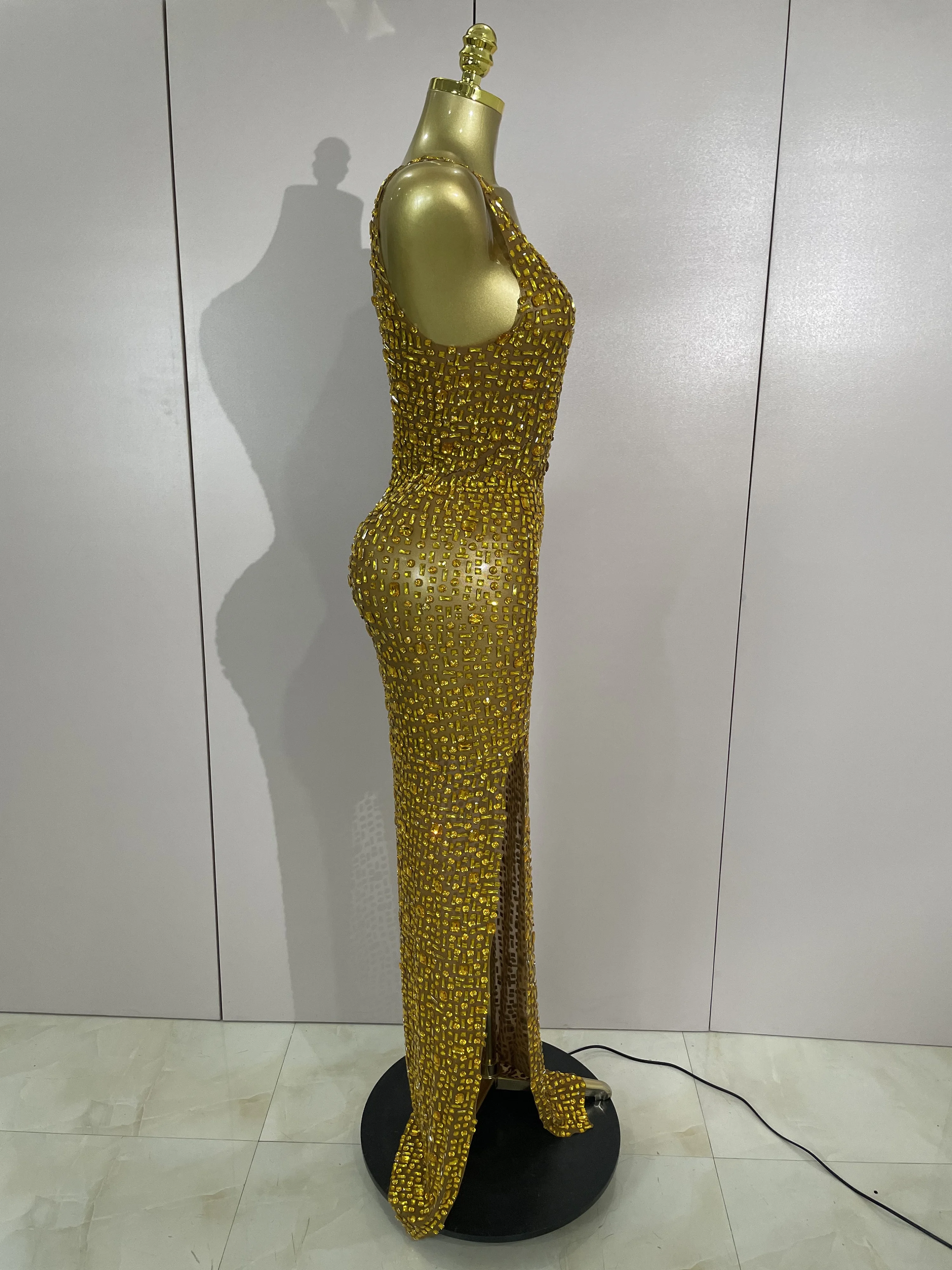 Sexy Sparkle Diamonds Mesh See Through Maxi Dress Evening Party Luxury Birthday Wedding Guest Gown NightClub Bar Stage Costumes