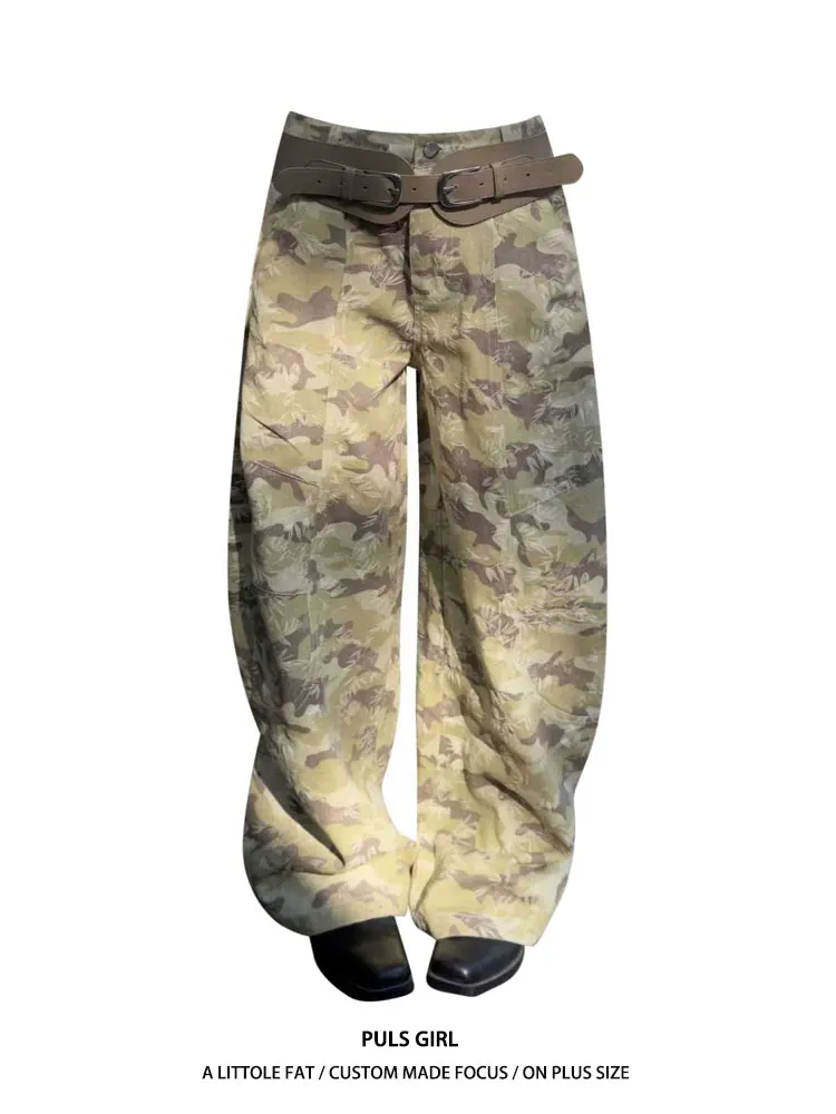 

American Style Washed Camouflage Wide Leg Jeans Women's Loose Slimming Drapey High Waist Casual Trousers plus Size