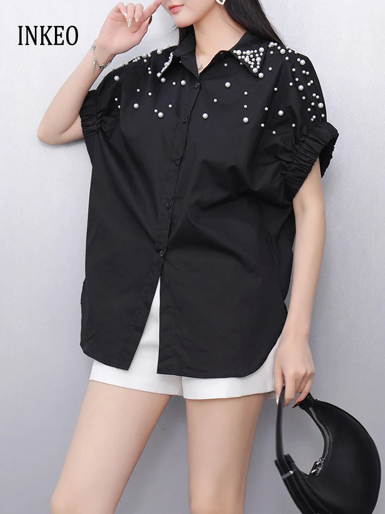 

Fashion Short sleeve Pearl beading shirt for women 2025 Summer Streetwear Loose blouse Black blue white tops Ladies INKEO 5T061