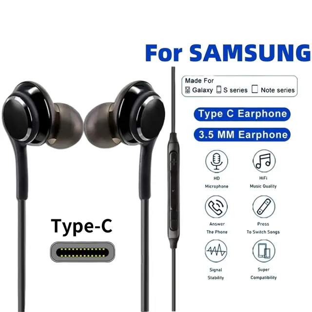 Type-C Wired Headphones For Samsung Galaxy S24 S23 S22 3.5MM in-Ear