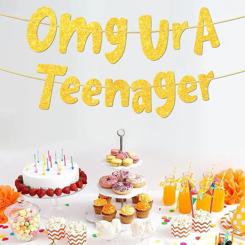 YOMDID Omg Ur A Teenager Glitzer-Geburtstagsbanner, lustiges Teenager-Geburtstagsschild für Mädchen und Jungen, Partydekoration