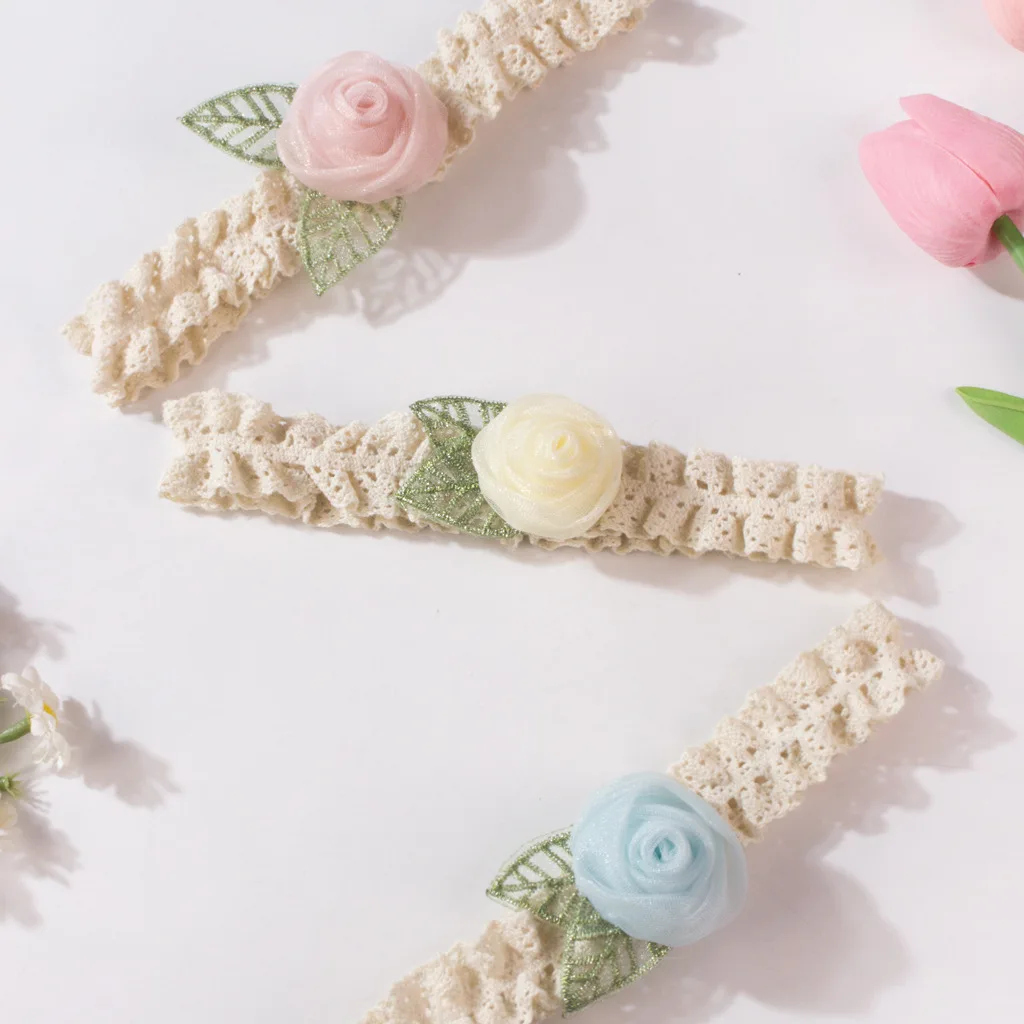Elegant Hollow Lace Rose Baby Headband With Leaf Decor Stretch Newborn Hair Accessory For Wedding Party Photography Daily Outfit