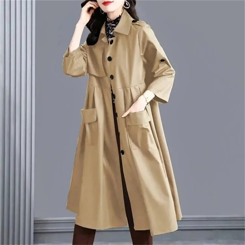 3XL Female Windbreaker Coat Women\'s Spring 2023 New High End Loose Style Slim Autumn Mid length Coat Women Pocket Pleating Coat