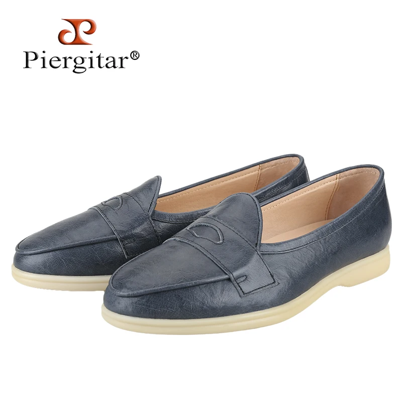 Piergitar Italy Imported Tuscania Hand-Grazed Calfskin Penny Loafers LP Same Model Handcrafted Slip-On Summer Walk Men's Flats