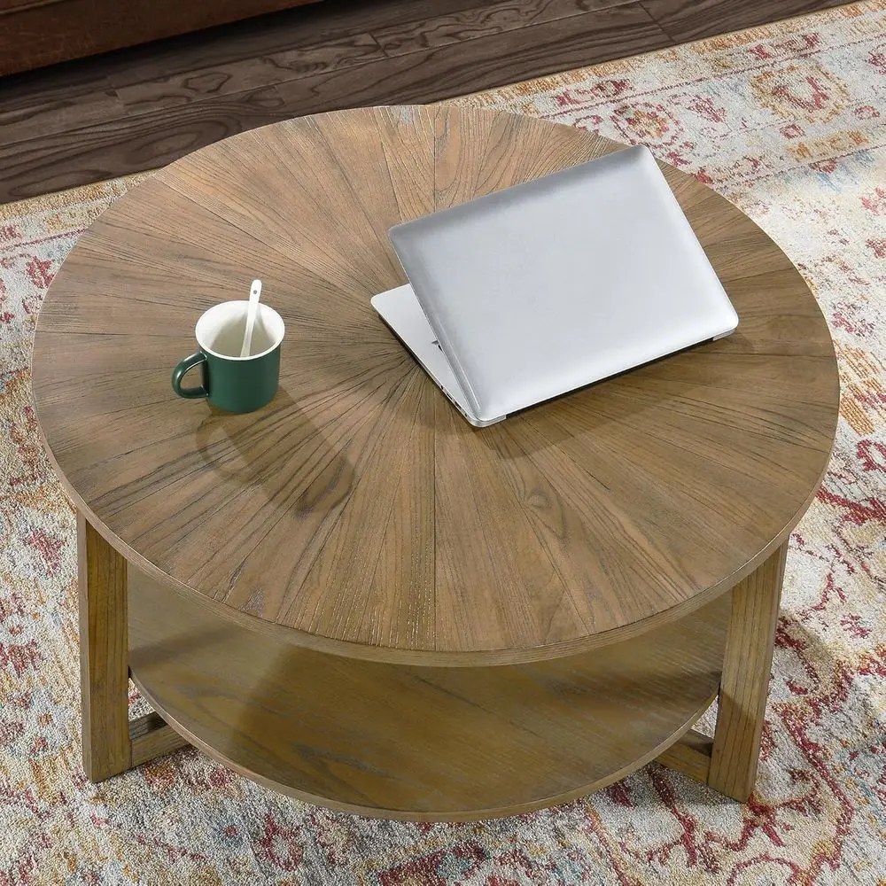 

33.5 Round Coffee Table with Storage Shelf, Solid Wood Living Room Furniture, Umbrella Top Design, Easy Assembly, Natural Yellow