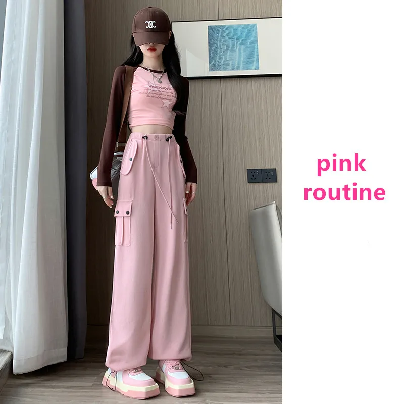 

New Spring Autumn Women'S Loose Work Pants Lady Fashion Versatile High Waist Multi Pocket Casual Drawstring Wide Leg Trousers