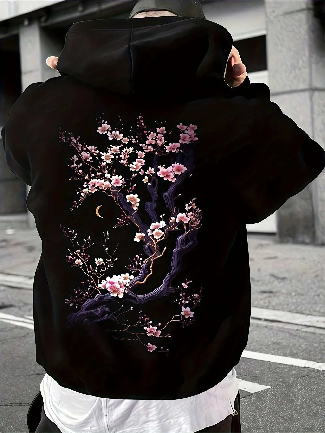 Romantic night view cherry blossom print men's hooded sweatshirt. Trendy hip-hop sporty soft and loose casual hooded shirt.