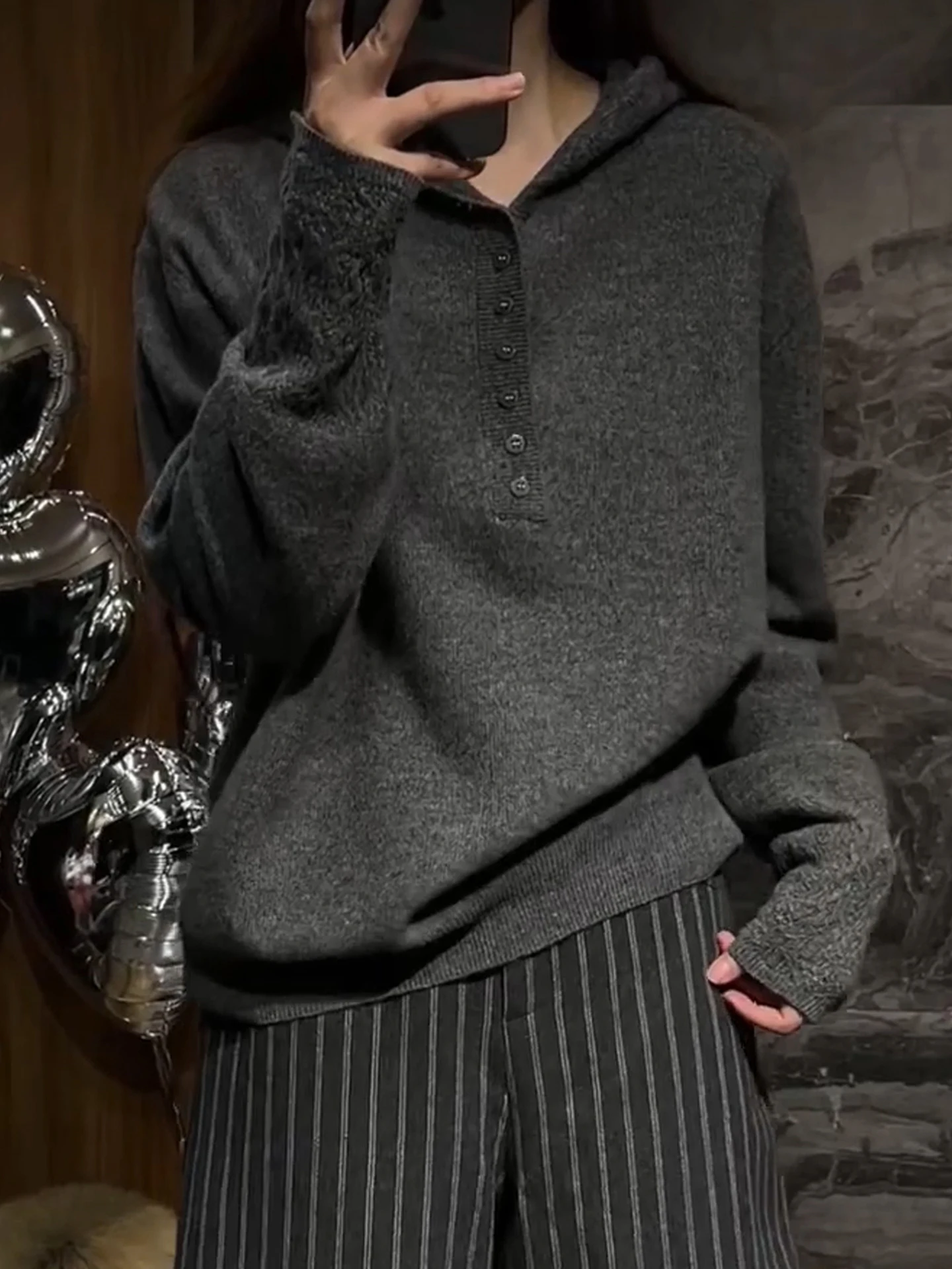 Maglieria coreana con cappuccio Lungo Sve Confortevole Semplice Autunno Inverno Top Head over High End Base irt Versatile Pendolarismo...