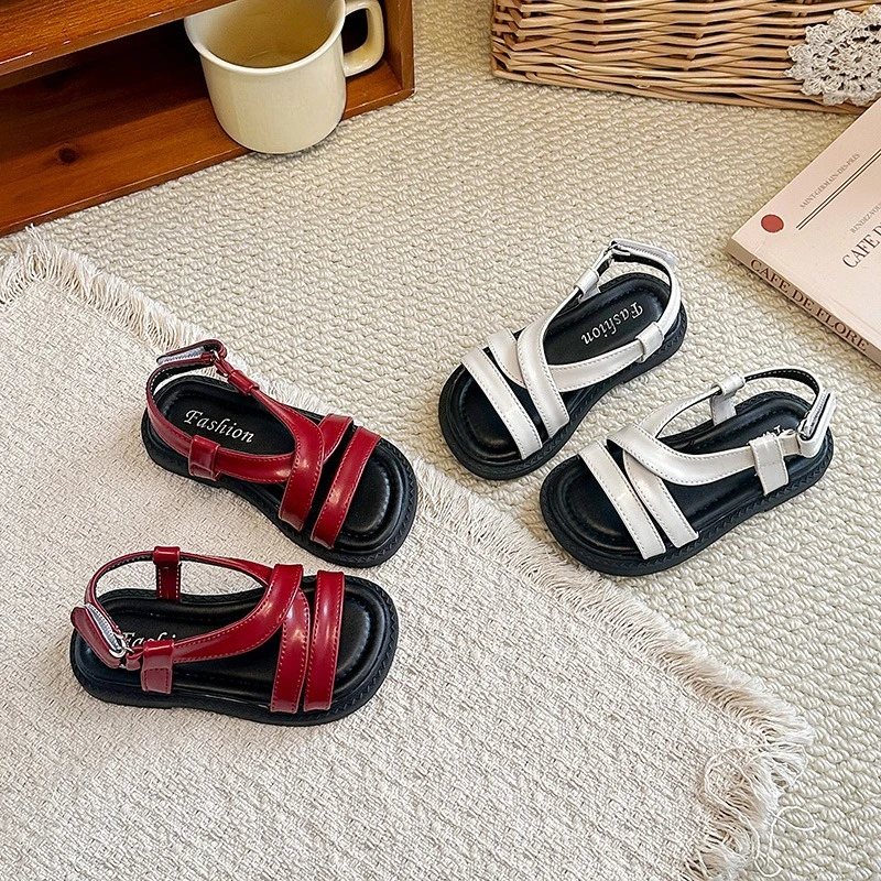 Girls Roman Sandals Cross Strap Kids Summer Beach Shoes Anti-Slip Soft Sole Children Casual Sandals Hook Loop Size 23-34