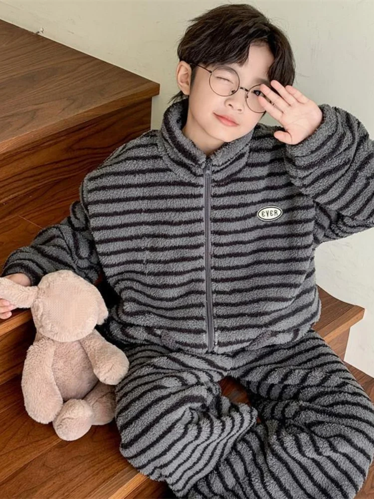

Boys Winter Flannel Pajamas Set 2026 New Fleece Striped Homewear Kids Boys Autumn Winter Coral Fleece Sleepwear Warm Cozy