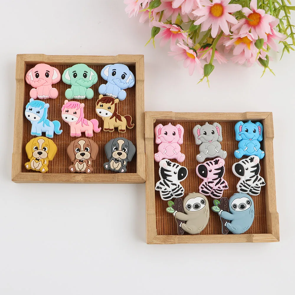 10Pcs Cartoon Animal Silicone Beads Horse Elephant Food Grade For Jewelry Making DIY Pacifier Chain Accessories Baby Toys