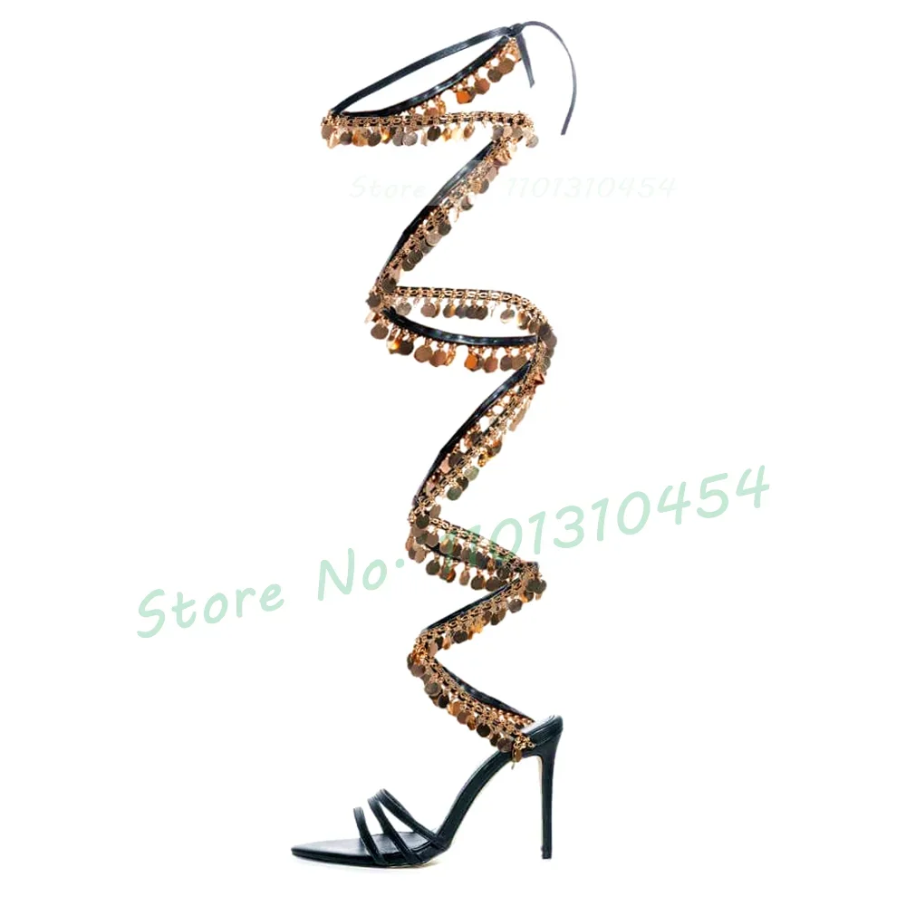 Sequine Pendant Long Sandals Women Summer 2023 Strappy Cross Tied Bling Stage Shoes Lace Up Sexy Open Toe High Heels Sandals