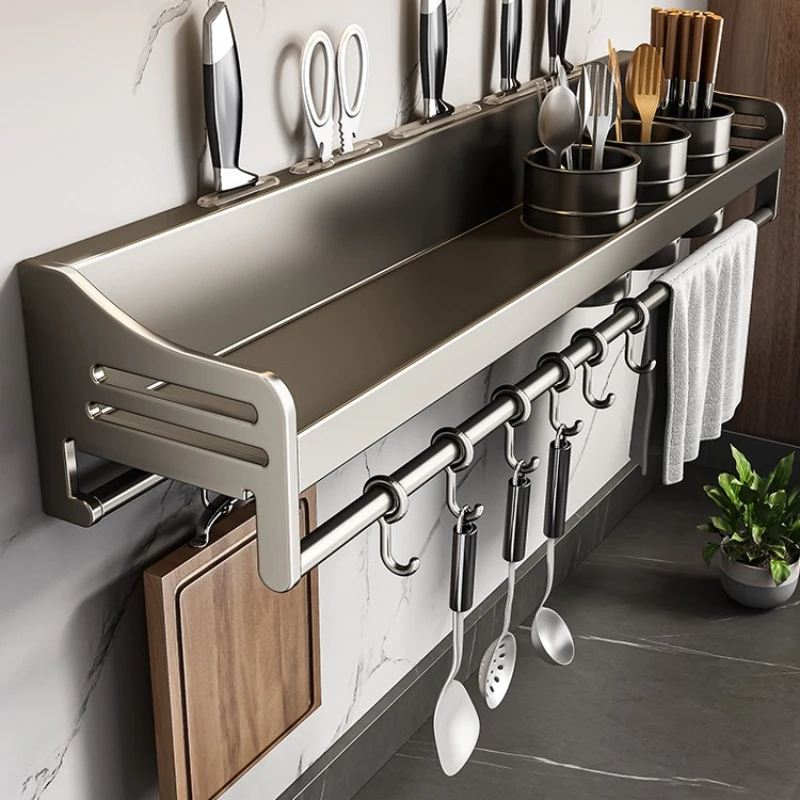 Kitchen storage rack, non perforated stainless steel, household wall mounted seasoning, chopsticks, knife holder, and supplies