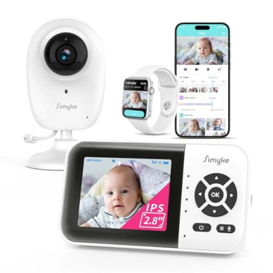 

Умная видеоняня с камерой 1080p, 2,8-дюймовым дисплеем, Wi-Fi, переключателем включения/выключения, радиусом действия 450 м, ночным видением, двусторонней связью и функцией AI Baby Grow