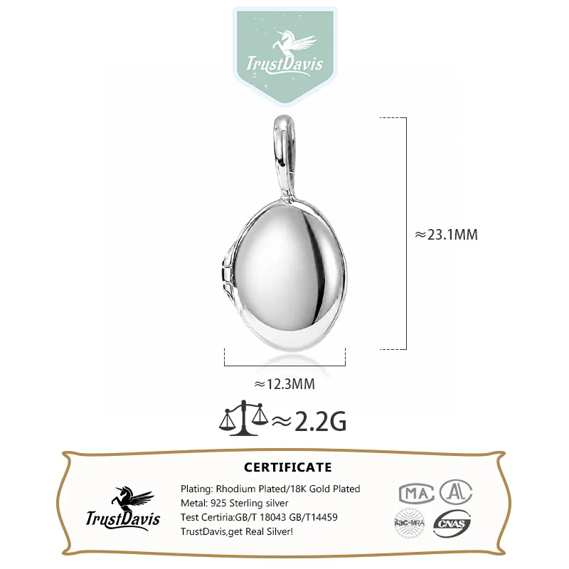 Trustdavis Real 925 Silver Fashion Oval-shaped Photo Locket Pendant with Photos for Women Men Commemorative Jewelry Gifts DS4928