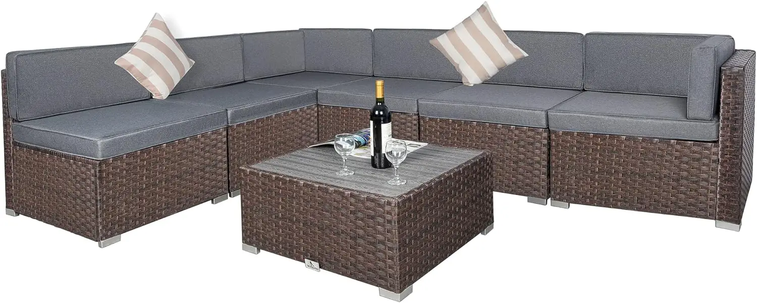 Juego de muebles de mimbre para Patio exterior, conjunto de sofá seccional para exteriores con cojines, 7 piezas