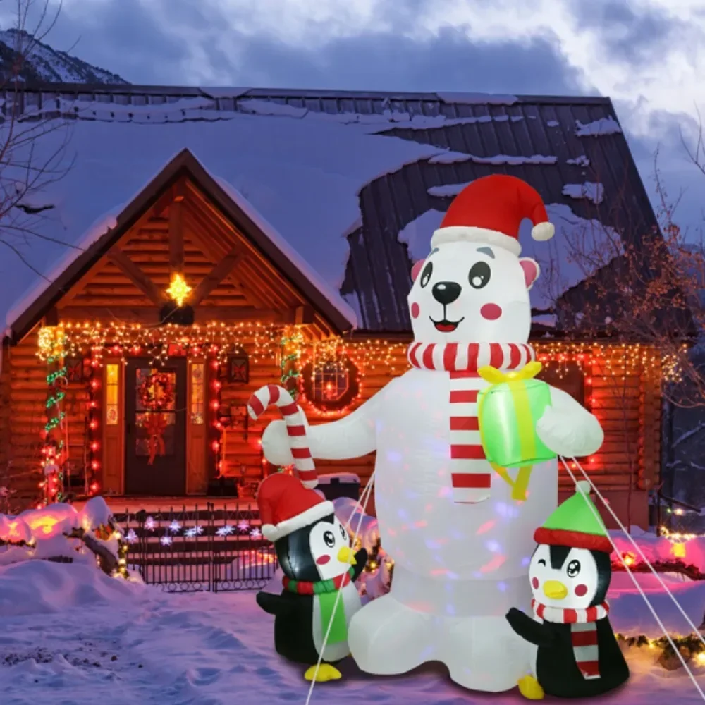 5.9FTChristmas Inflatable Outdoor Decoration Polar Bear Gift Box Penguin Blow Up Yard Decoration with LED Light BuiltAir Blower