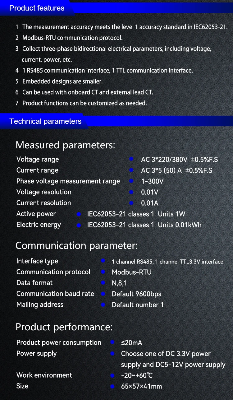 JSY-MK-333 50A 3P4W RS485 TTL Modbus Messgerät Solar-Energie-Überwachungssystem Miniatur-Stromzählermodul für neue Energien – Detail 3