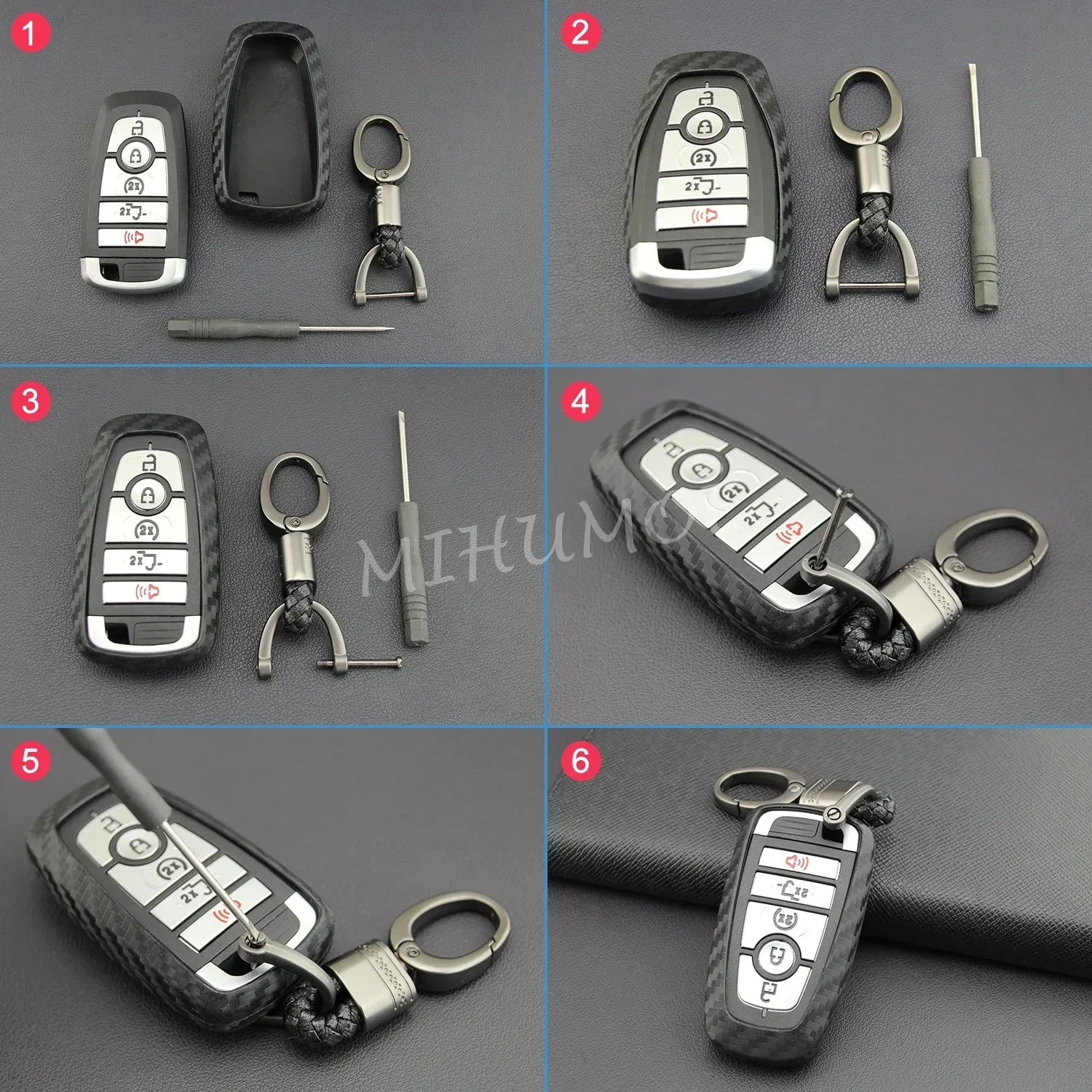 Carbon Fiber Smart Key Fob Case Cover Chain For Ford Fusion F150 Explorer Mondeo Edge Mustang Focus Lincoln Continental Corsair view 5