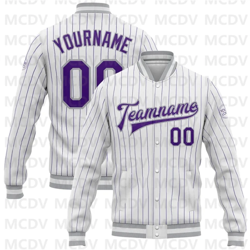 

Custom White Purple Pinstripe Gray Bomber Full-Snap Varsity Letterman Jacket 3d Printed Baseball Button Jacket