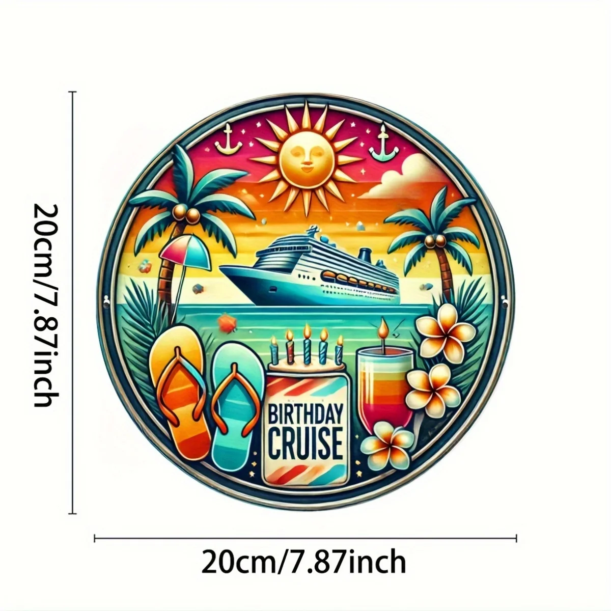 [2D Flat] 7.8X7.8 Inches (20X20 Cm) 2D Printed Metal Sign - 2024 Birthday Cruise Wreath Sign - Home Decor for Front Porch, Livin