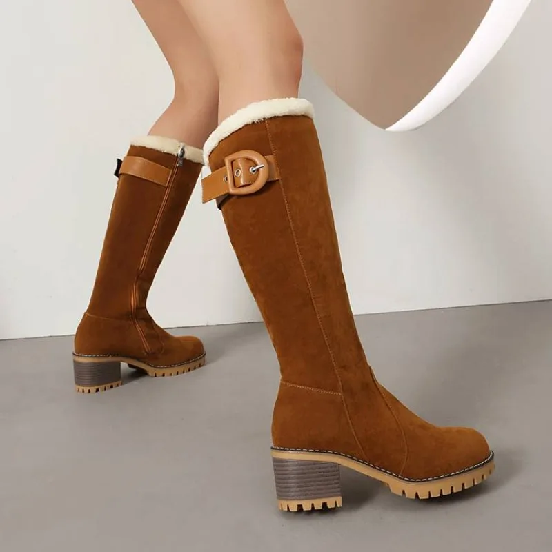 Autumn and Winter New Style Fashion Square Heel Women's High Boots Buckle Plush Knee-high Boots High 6cm Plus Size 35-45