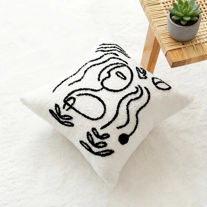 

White Embroidered Throw Pillow 45x45/35x50 Sofa Backrest Pillows Nordic Simple Line Cushions Ins Style Bed Sofa Decorate Pillow