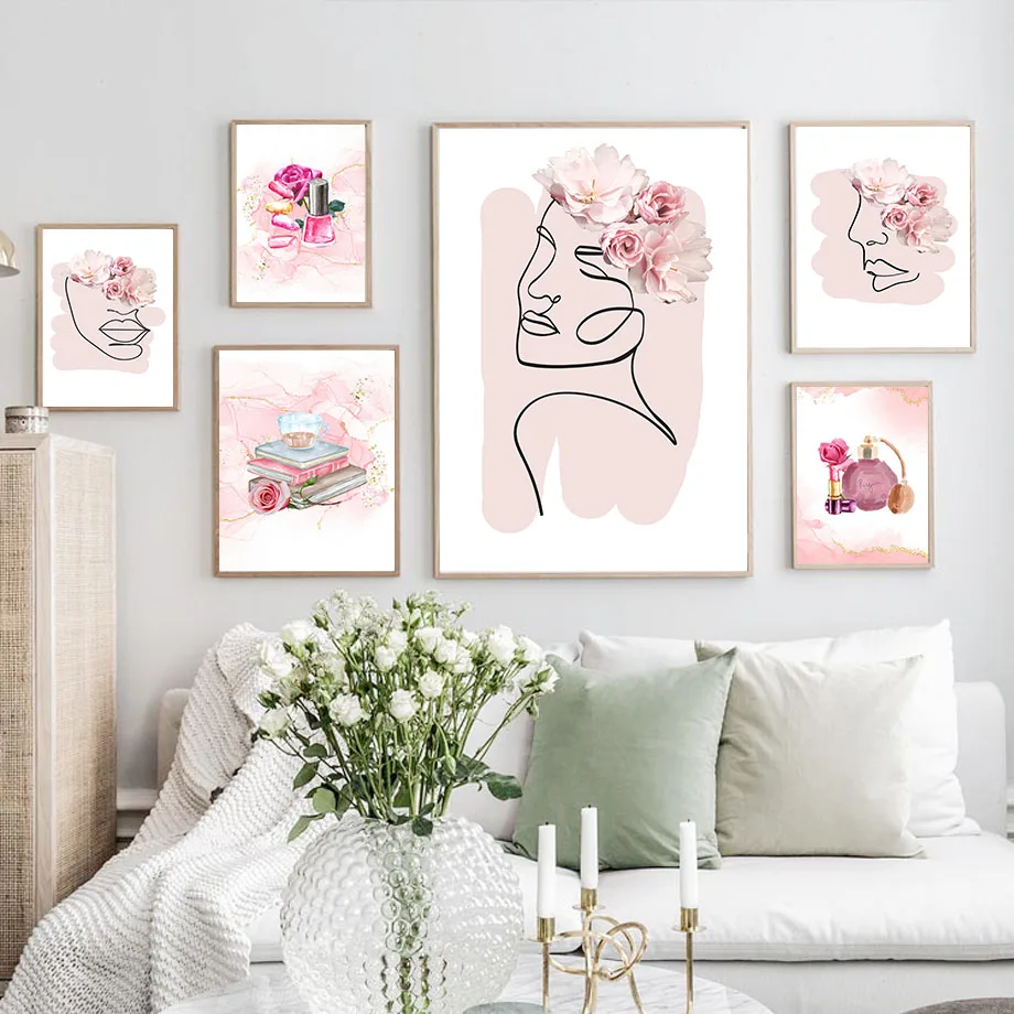 

Abstract Poster Nordic Woman Line Floral Fashion Perfume Book Nail Polish Wall Art Print Canvas Painting Picture Girl Room Decor