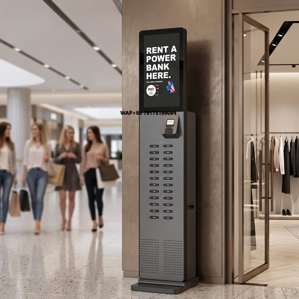 24 Slot Shared Power Bank Station 300W NFC Phone Charging Kiosk 21.5 Inch Advertising Screen CE Certified OEM ODM Rental