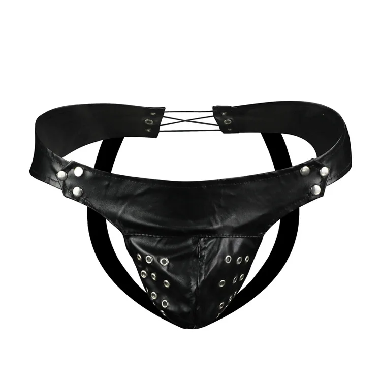 Men's Erotic Jockstrap Panties Gay Sexy PU Leather Rivet Breathable Tied Rope Thong Open Buttocks Bulge Pouch Mesh Hole Lingerie