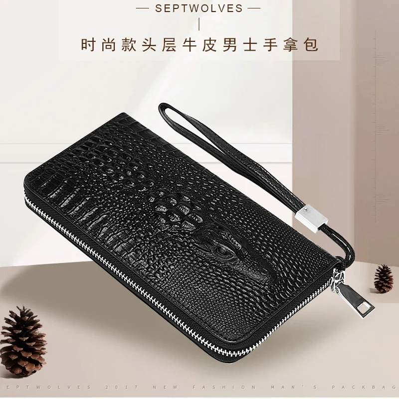 genuine Leather Long Purse Zipper Money Clip Black Business cowhide Wallet Male Luxury Brand crocodile patterned Men Clutch Bag - view 3