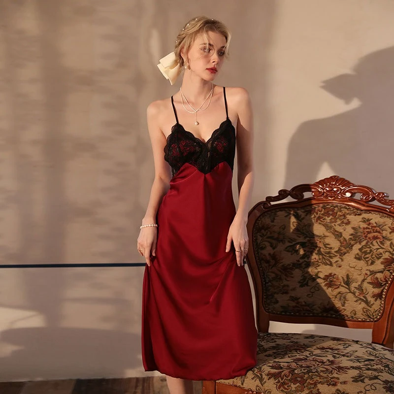 

Sexy Sleeping Skirt Ice Silk Lace Pajama Women's Strap Skirt with Chest Mat Bridal Morning Robe Long Home Dress