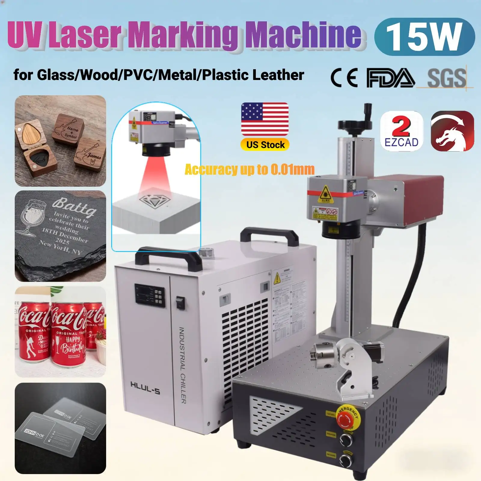 15W CRS UV Laser Marking Machine Professional High Accuracy Laser Engraver for Glass/Wood/PVC/Metal/Plastic Leather